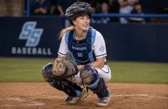 Marika Lyszczyk in Sonoma State Seawolves catcher gear crouching behind home plate
