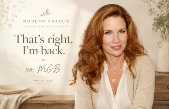 Modern Prairie announcement graphic for Melissa Gilbert featuring a smiling red-haired woman and the text “That’s right. I’m back.”