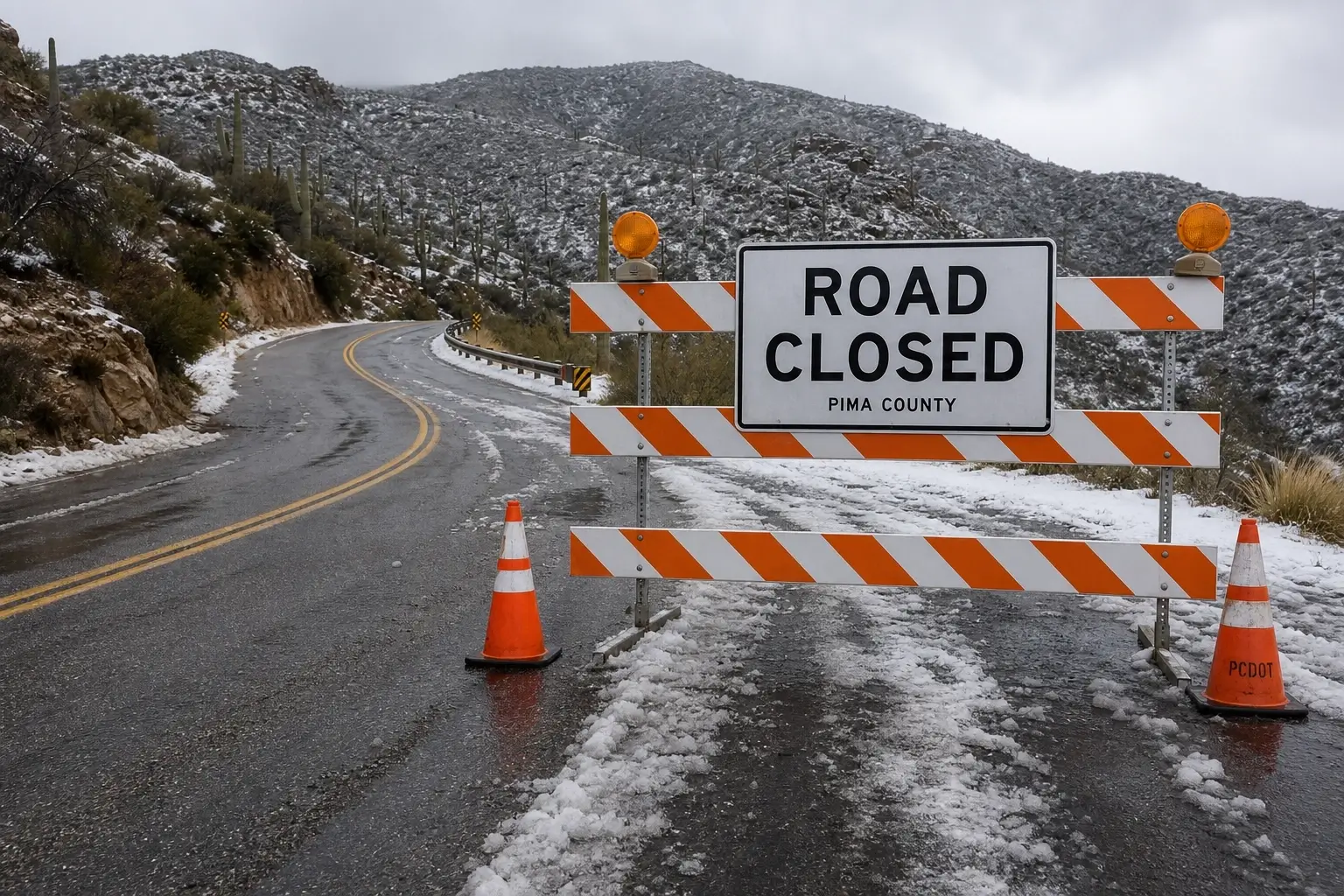 Road closed sign on snowy Catalina Highway near Mt. Lemmon in Pima County, Arizona