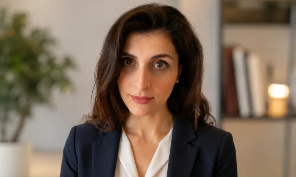 Professional portrait-style image for a Naira Kuzmich MFA article, showing a woman in a navy blazer and white blouse in a modern office setting