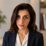 Professional portrait-style image for a Naira Kuzmich MFA article, showing a woman in a navy blazer and white blouse in a modern office setting