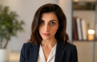 Professional portrait-style image for a Naira Kuzmich MFA article, showing a woman in a navy blazer and white blouse in a modern office setting