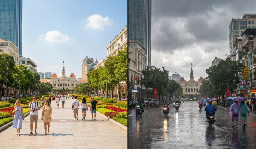 Side-by-side view of Nguyen Hue Walking Street in sunny dry season and heavy rainy season in Ho Chi Minh City