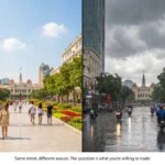Side-by-side view of Nguyen Hue Walking Street in sunny dry season and heavy rainy season in Ho Chi Minh City