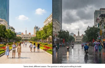 Side-by-side view of Nguyen Hue Walking Street in sunny dry season and heavy rainy season in Ho Chi Minh City