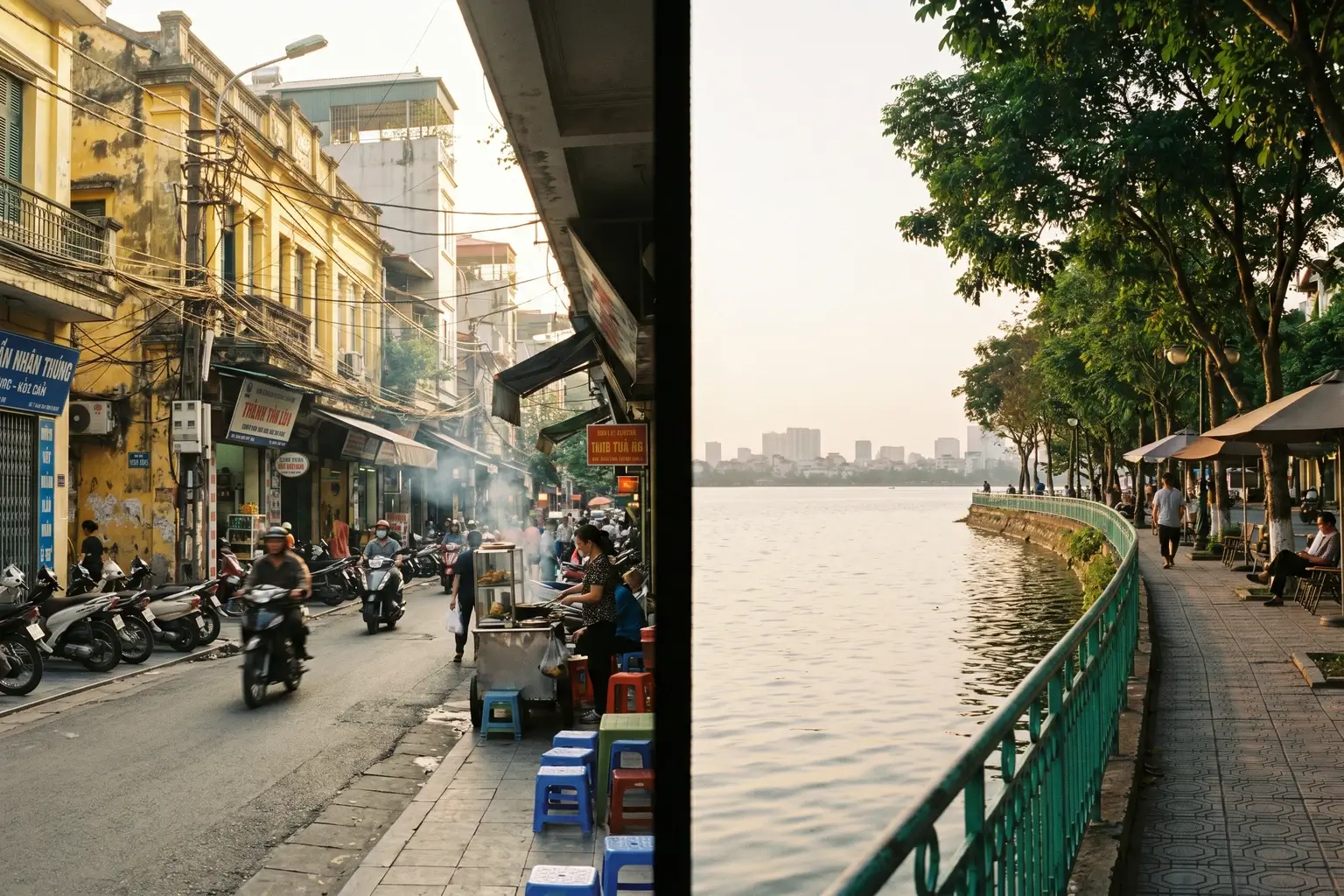 Old Quarter street and West Lake waterfront in Hanoi, Vietnam