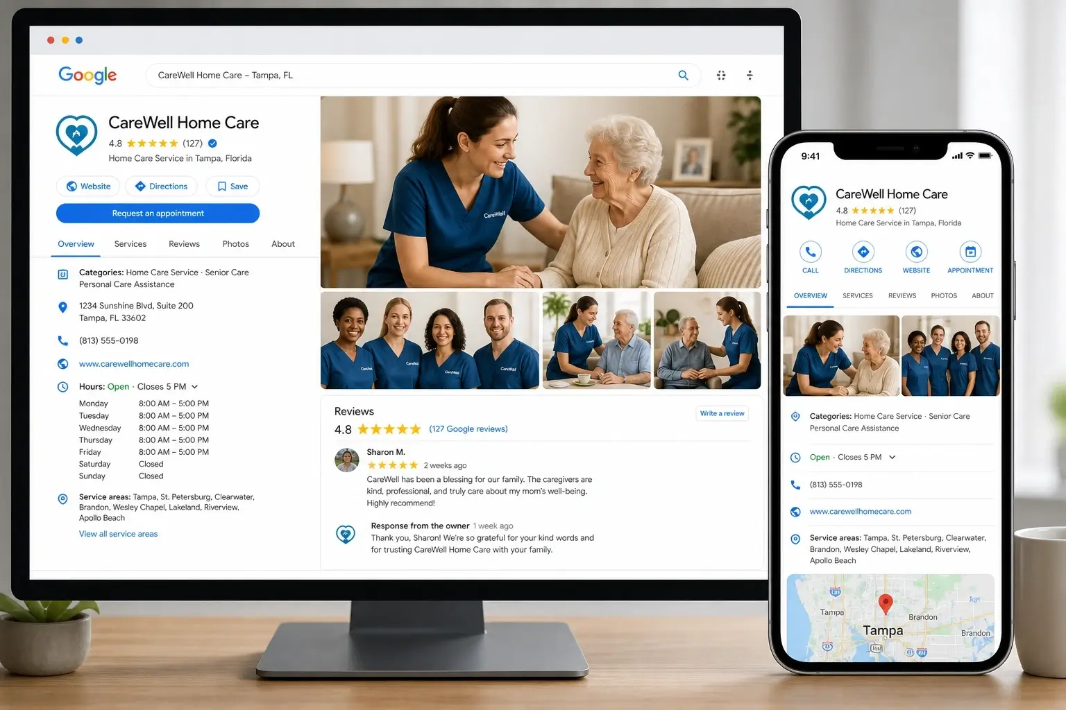 Optimized Google Business Profile mockup for a Tampa home care agency shown on desktop and mobile