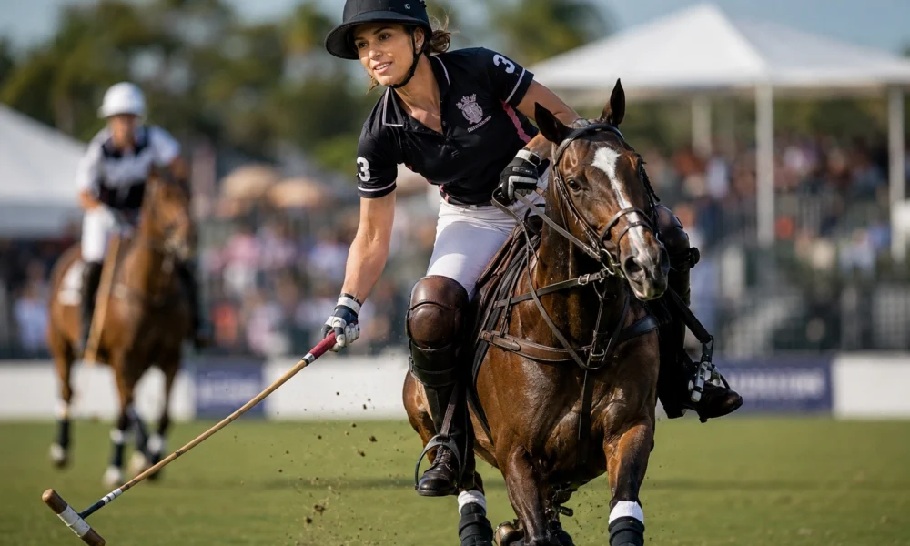 Pamela Flanagan playing polo on horseback during a women’s championship match