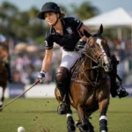 Pamela Flanagan playing polo on horseback during a women’s championship match