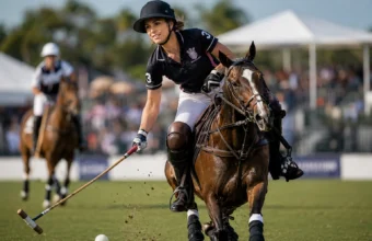Pamela Flanagan playing polo on horseback during a women’s championship match