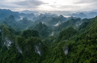 Aerial view of Phong Nha-Ke Bang karst mountains covered in dense jungle in central Vietnam