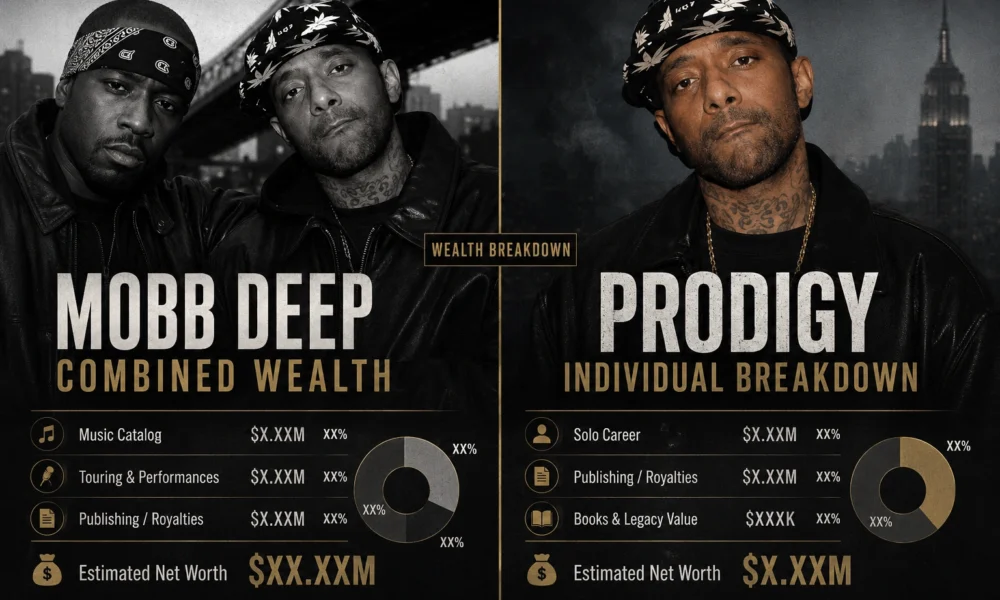 Split editorial graphic comparing Mobb Deep combined wealth with Prodigy’s individual net worth breakdown in a dark 1990s Queensbridge hip-hop style.