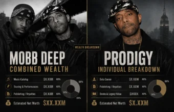 Split editorial graphic comparing Mobb Deep combined wealth with Prodigy’s individual net worth breakdown in a dark 1990s Queensbridge hip-hop style.