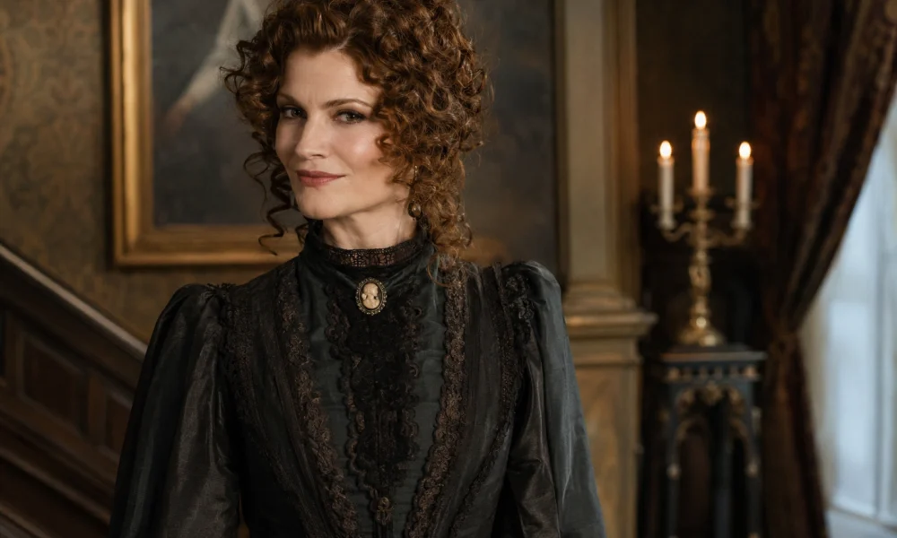 Rebecca Wisocky biography portrait in Victorian costume for age, husband, and net worth article