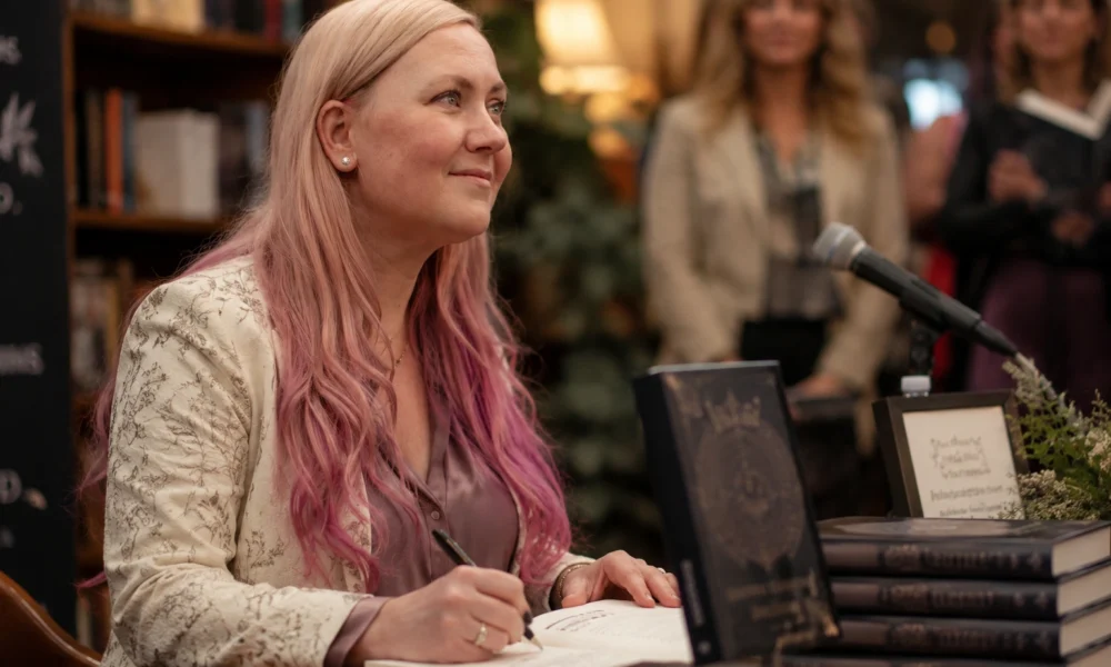 Rebecca Yarros signing books at a literary event with stacked novels and a microphone.