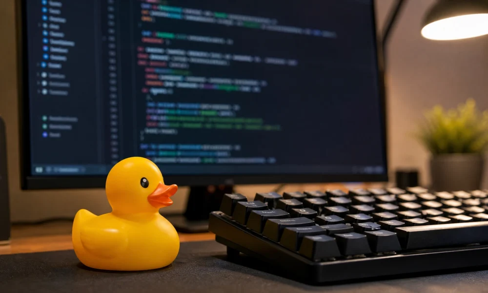 Yellow rubber duck beside a keyboard with code on a monitor, illustrating rubber duck debugging.