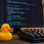 Yellow rubber duck beside a keyboard with code on a monitor, illustrating rubber duck debugging.