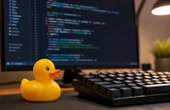 Yellow rubber duck beside a keyboard with code on a monitor, illustrating rubber duck debugging.