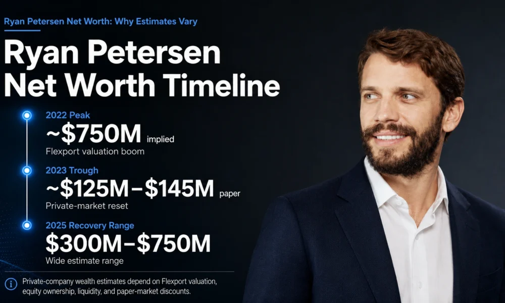 Ryan Petersen net worth timeline showing 2022 peak, 2023 trough, and 2025 recovery range.