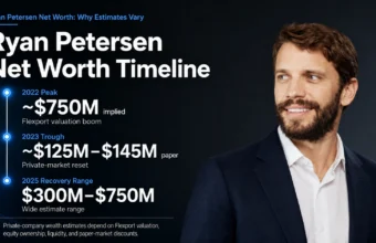 Ryan Petersen net worth timeline showing 2022 peak, 2023 trough, and 2025 recovery range.