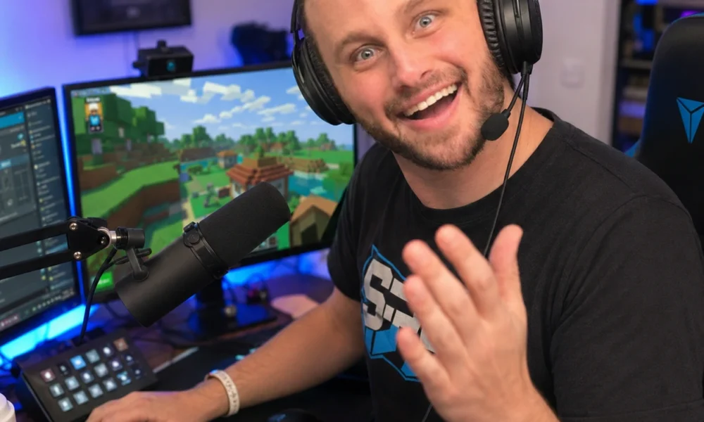 SSundee's gaming setup with headset, microphone, RGB keyboard, and Minecraft gameplay on monitors