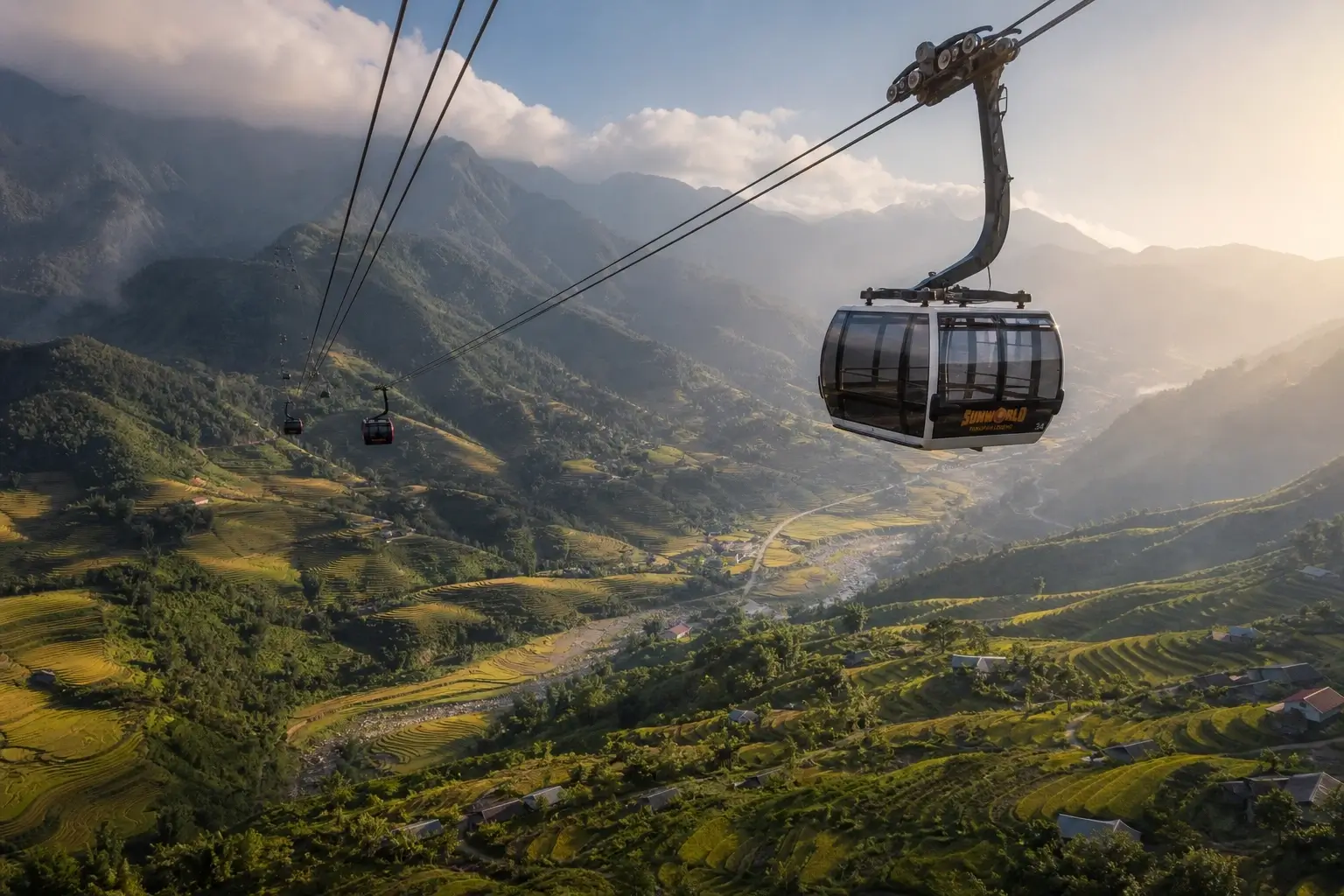 Sun World Fansipan Legend cable car over Muong Hoa Valley rice terraces in Sapa, Lao Cai, Vietnam