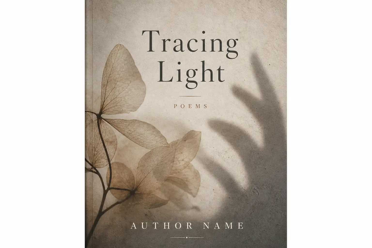 Tracing Light poems book cover with translucent dried flowers, soft hand shadow, and textured beige background