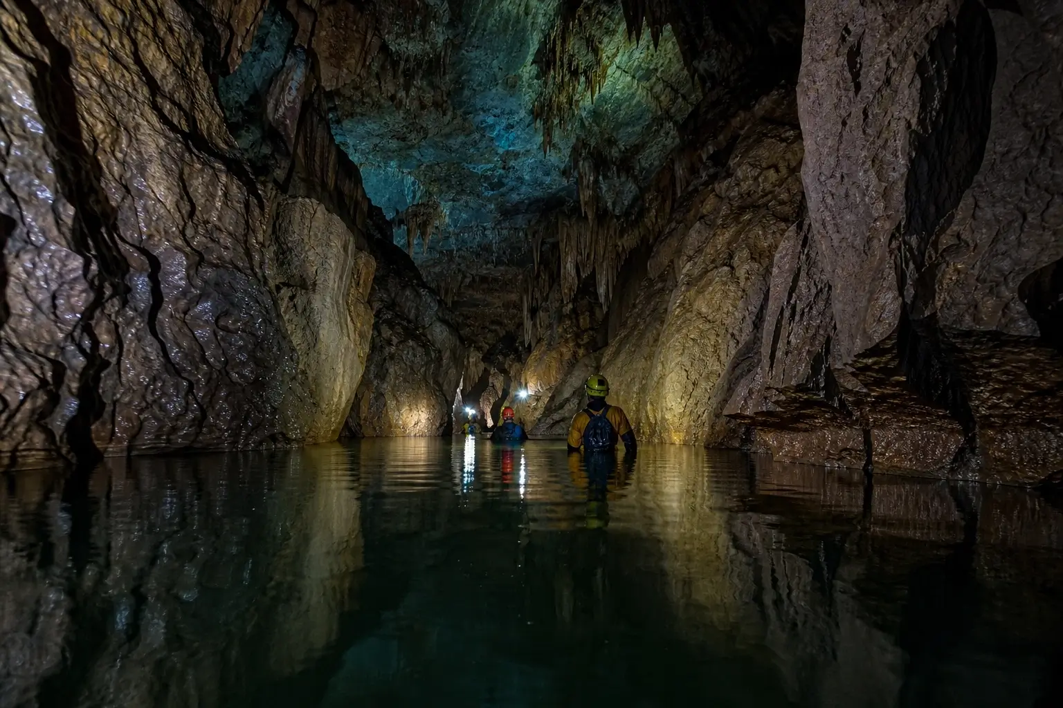 Explorers wade through the Tu Lan cave river passage with headlamps under limestone formations in Phong Nha, Vietnam.