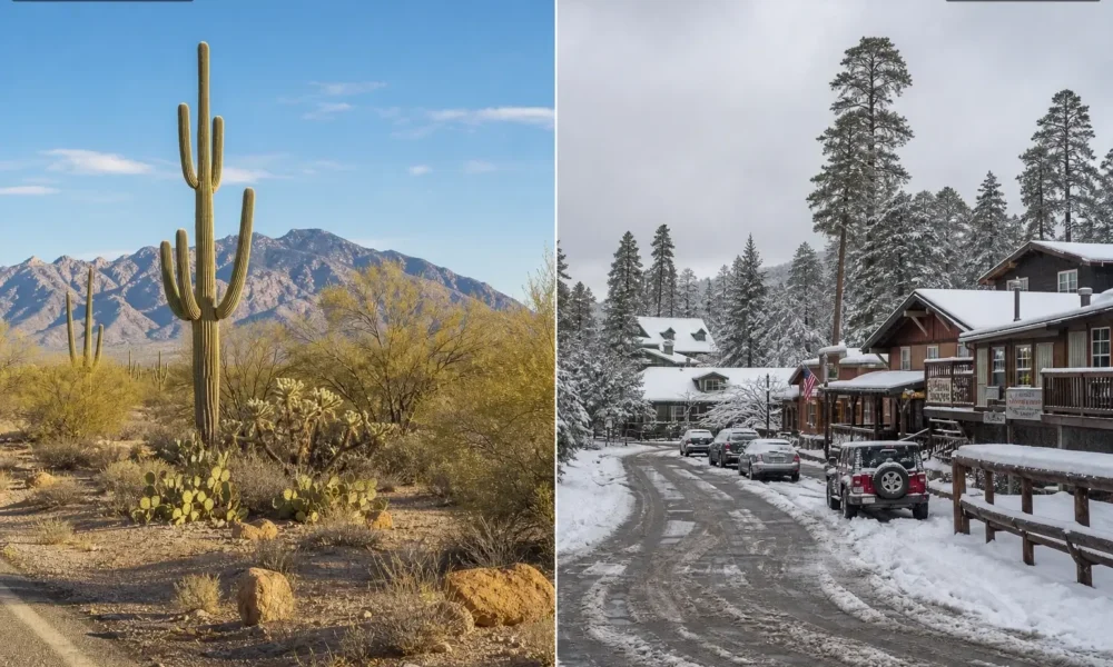 Split view of Tucson desert at 70°F and snowy Summerhaven on Mount Lemmon showing the elevation weather contrast.