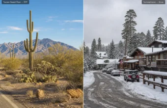 Split view of Tucson desert at 70°F and snowy Summerhaven on Mount Lemmon showing the elevation weather contrast.