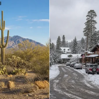 Split view of Tucson desert at 70°F and snowy Summerhaven on Mount Lemmon showing the elevation weather contrast.