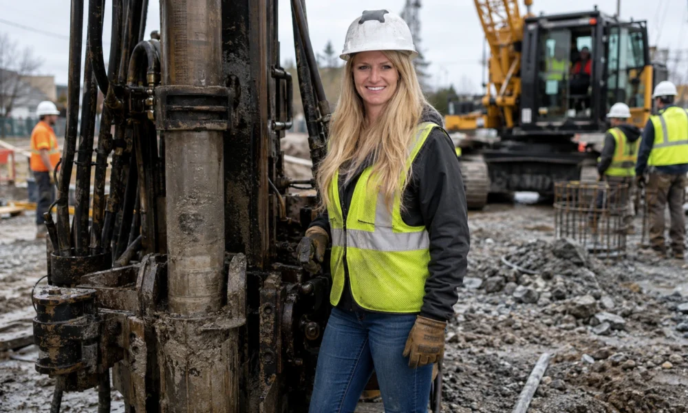 Vanessa Lucido wearing a hard hat and safety vest beside drilling equipment at a construction site