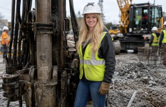 Vanessa Lucido wearing a hard hat and safety vest beside drilling equipment at a construction site