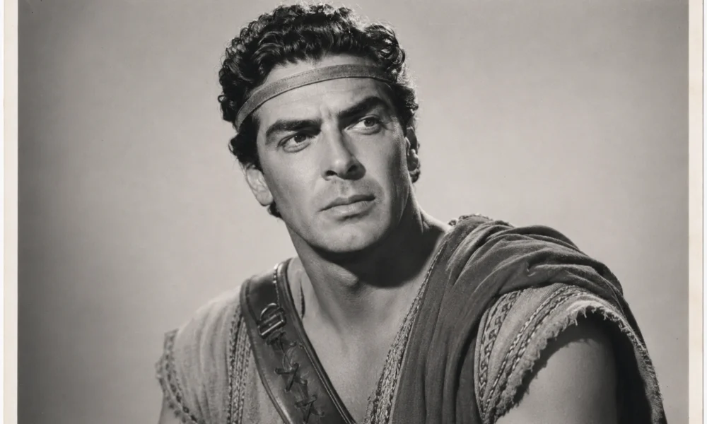 Black-and-white Samson-era Hollywood studio portrait for Victor Mature net worth article