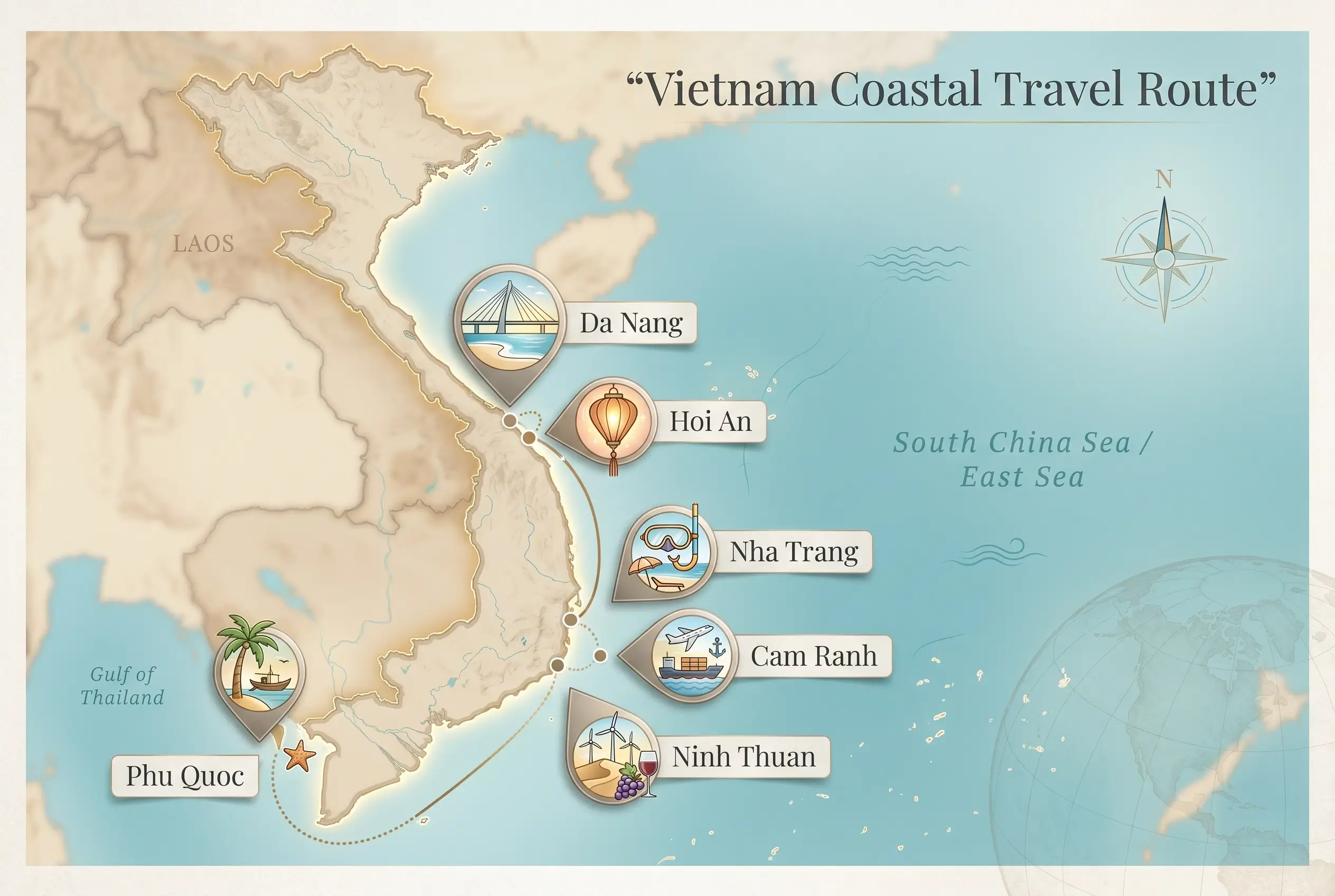 Illustrated Vietnam coastal travel route map showing Da Nang, Hoi An, Nha Trang, Cam Ranh, Ninh Thuan, and Phu Quoc with beach and resort travel icons.