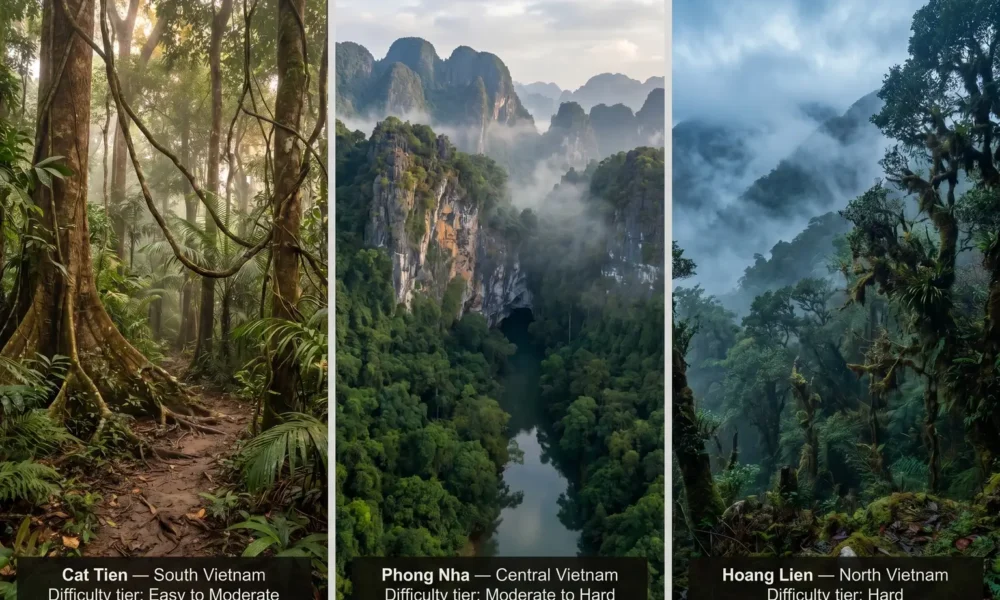 Three-panel Vietnam jungle trekking guide showing Cat Tien, Phong Nha and Hoang Lien by region and difficulty tier.