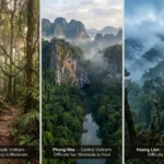 Three-panel Vietnam jungle trekking guide showing Cat Tien, Phong Nha and Hoang Lien by region and difficulty tier.