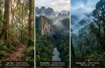 Three-panel Vietnam jungle trekking guide showing Cat Tien, Phong Nha and Hoang Lien by region and difficulty tier.