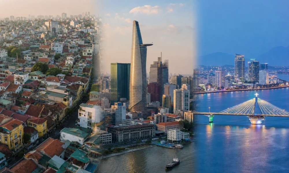 Composite skyline of Vietnam main cities showing Hanoi Old Quarter, Ho Chi Minh City Bitexco Tower, and Da Nang riverfront at dusk