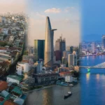 Composite skyline of Vietnam main cities showing Hanoi Old Quarter, Ho Chi Minh City Bitexco Tower, and Da Nang riverfront at dusk