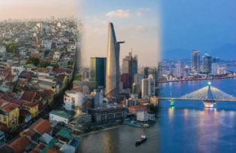 Composite skyline of Vietnam main cities showing Hanoi Old Quarter, Ho Chi Minh City Bitexco Tower, and Da Nang riverfront at dusk