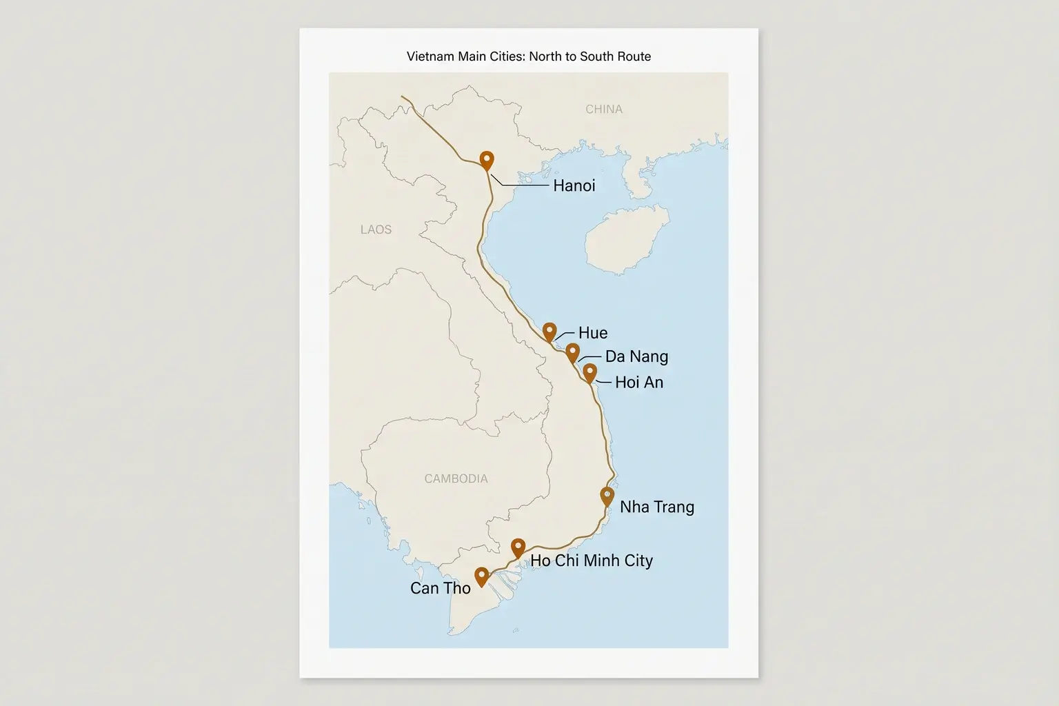 Map of Vietnam showing the north-to-south route through Hanoi, Hue, Da Nang, Hoi An, Nha Trang, Ho Chi Minh City, and Can Tho.