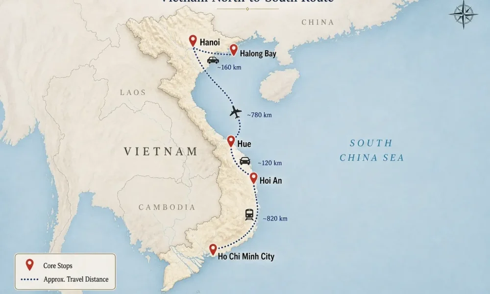 Vietnam north-to-south route map with stops at Hanoi, Halong Bay, Hue, Hoi An, and Ho Chi Minh City.
