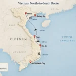 Vietnam north-to-south route map with stops at Hanoi, Halong Bay, Hue, Hoi An, and Ho Chi Minh City.