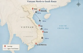 Vietnam north-to-south route map with stops at Hanoi, Halong Bay, Hue, Hoi An, and Ho Chi Minh City.