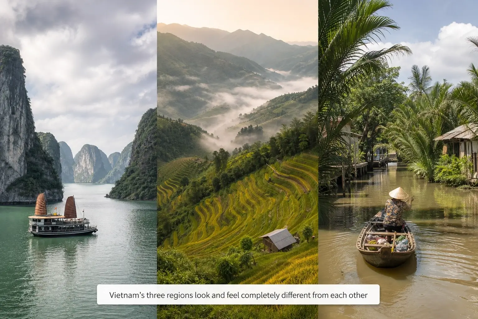 Vietnam travel collage showing Ha Long Bay, Sapa rice terraces, and Mekong Delta waterways.