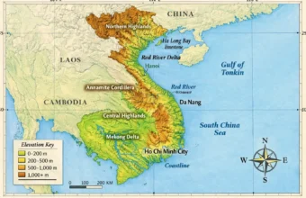 Vietnam topographic map showing Northern Highlands, Red River Delta, Annamite Cordillera, Central Highlands and Mekong Delta