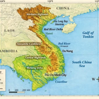 Vietnam topographic map showing Northern Highlands, Red River Delta, Annamite Cordillera, Central Highlands and Mekong Delta