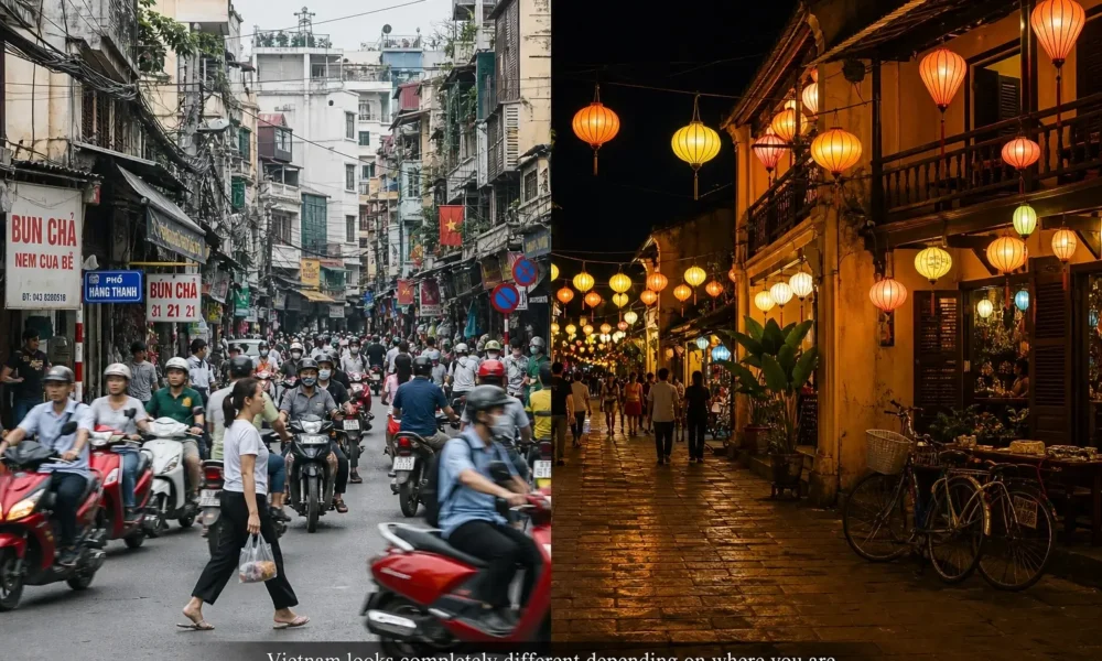 Side-by-side view of Hanoi Old Quarter traffic and Hoi An lantern-lit streets showing how different Vietnam looks by region