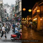 Side-by-side view of Hanoi Old Quarter traffic and Hoi An lantern-lit streets showing how different Vietnam looks by region